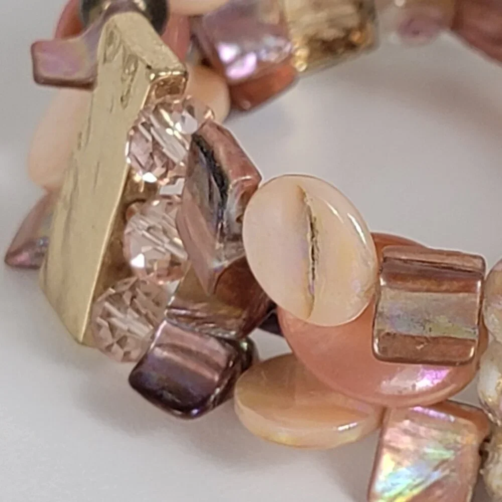 Gold Tone Pink Mother Of Pearl And Millefiori Glass Beaded Stretch Bracelet 7 In - Picture 3 of 7